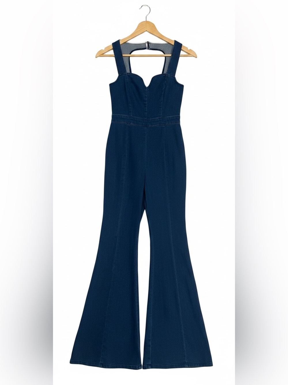 altard state denim sweetheart neckline flare jumpsuit